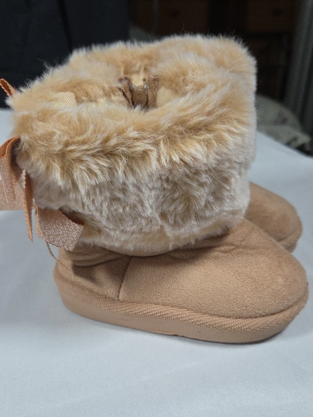 First Steps Slipper Boots Kids Size 3 Brown Cream Ankle Faux Fur Soft Sole Cozy
